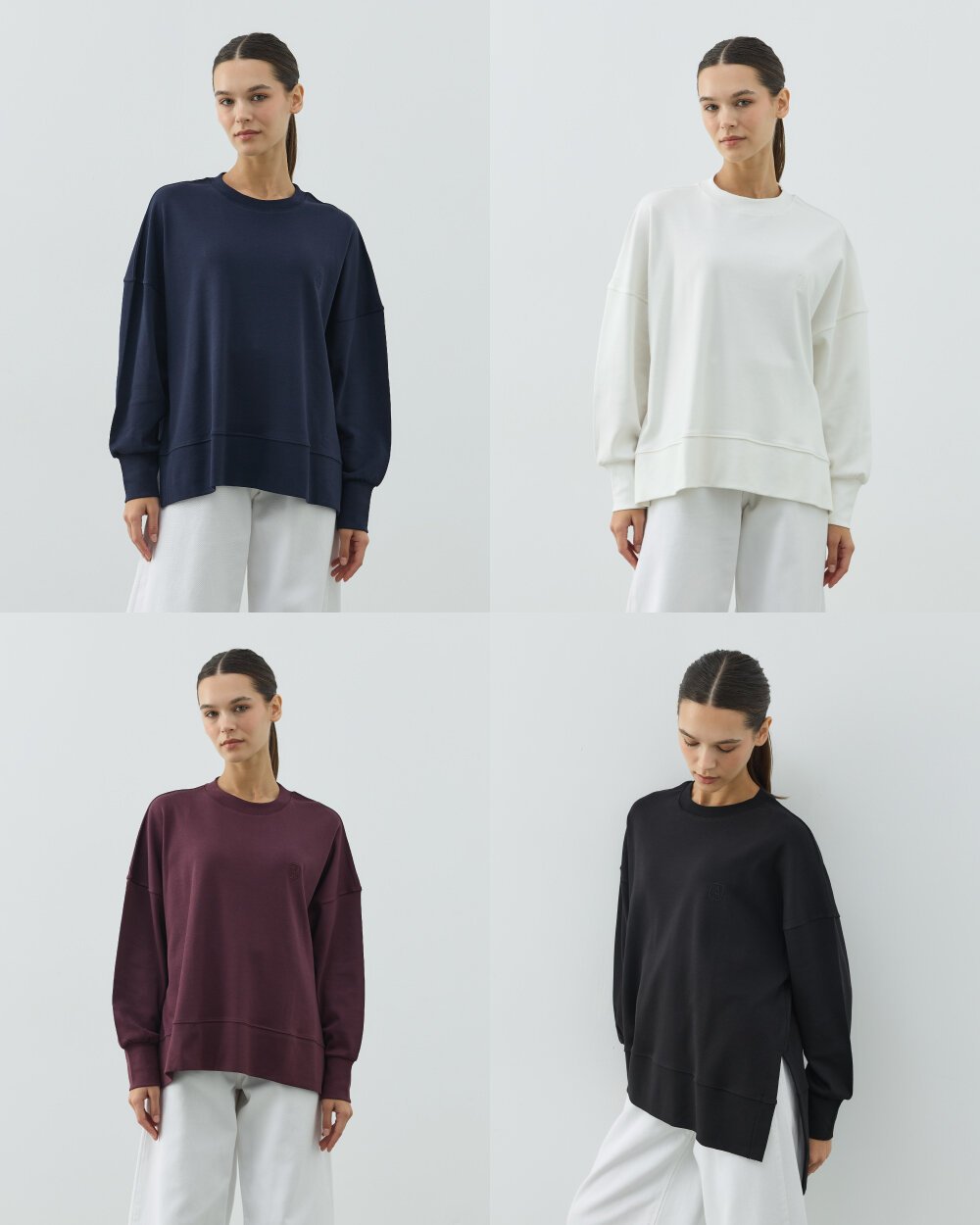 Penye İnterlok Fresh Yırtmaçlı Bluz 4'lü Ekru-Siyah-Lacivert-Mürdüm - Aybikestil