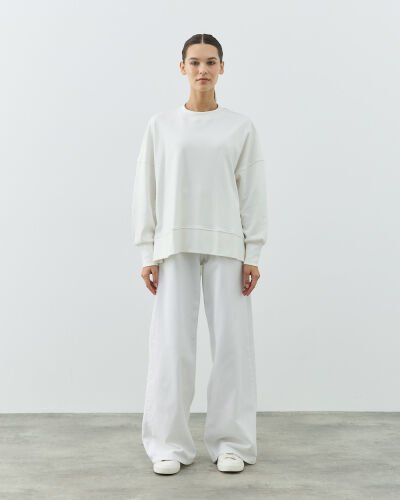 Penye İnterlok Fresh Yırtmaçlı Bluz Ekru - Aybikestil (1)