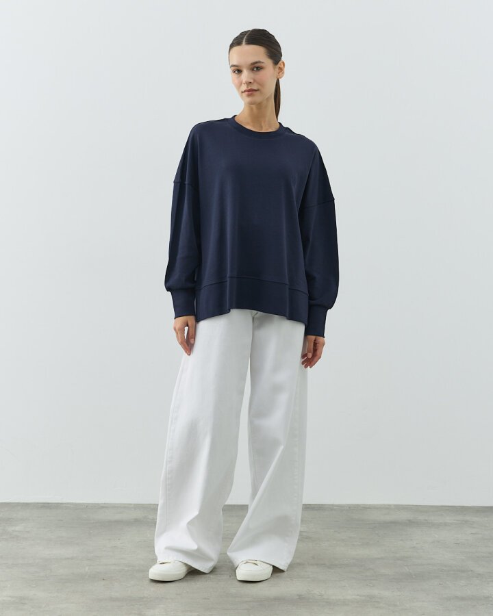 Penye İnterlok Fresh Yırtmaçlı Bluz Lacivert - Aybikestil (1)