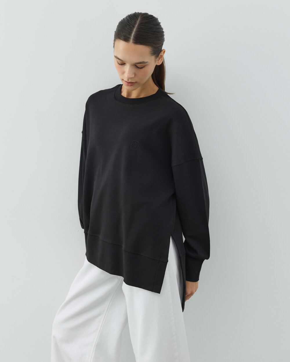 Penye İnterlok Fresh Yırtmaçlı Bluz Siyah - Aybikestil