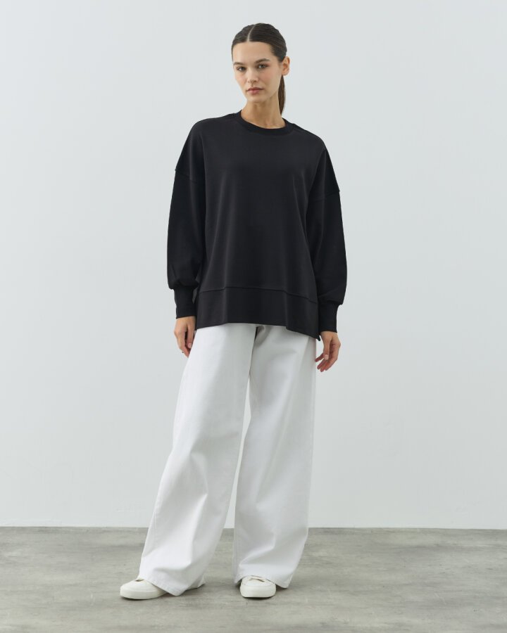 Penye İnterlok Fresh Yırtmaçlı Bluz Siyah - Aybikestil (1)