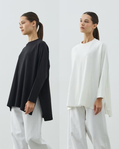 Penye İnterlok Relax Bluz 2'li Siyah-Ekru 