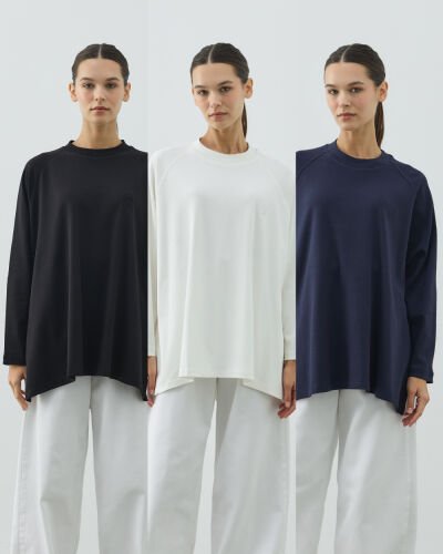 Penye İnterlok Relax Bluz 3'lü Siyah-Ekru-Lacivert 