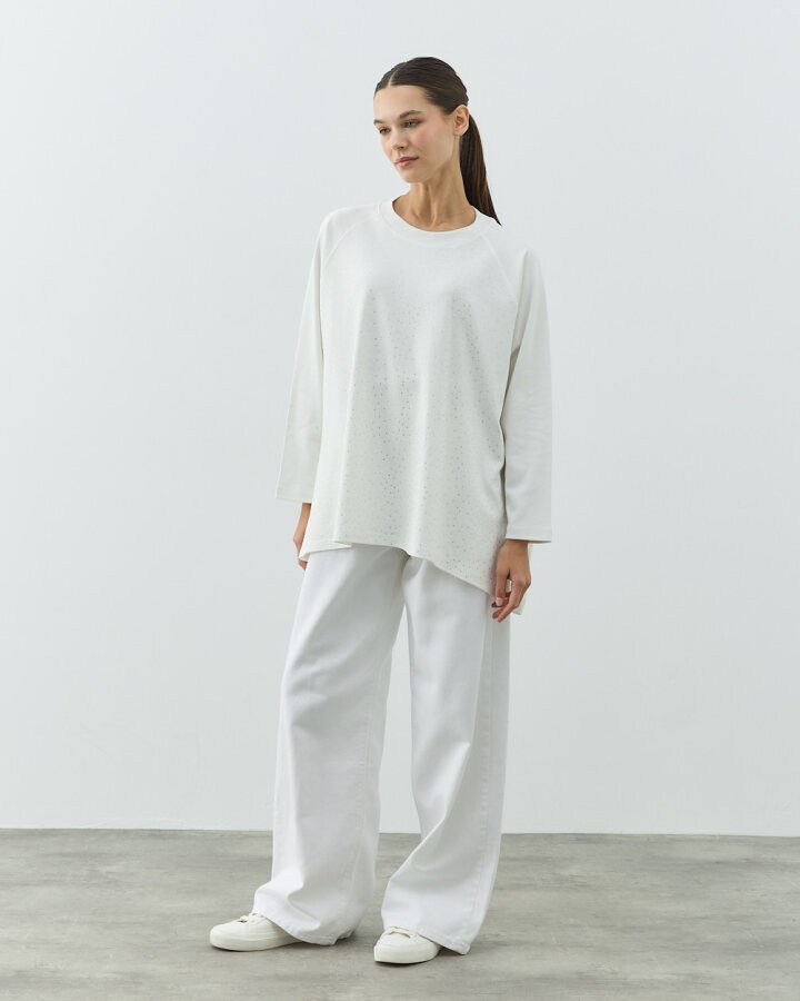 Penye İnterlok Taşlı Relax Bluz Ekru - Aybikestil (1)