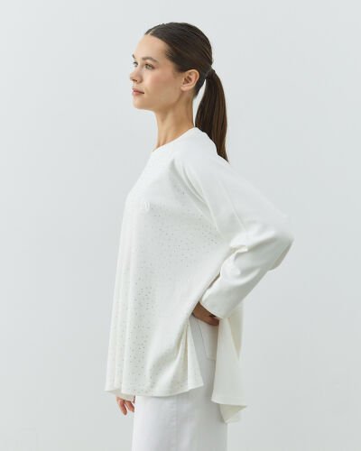 Penye İnterlok Taşlı Relax Bluz Ekru 