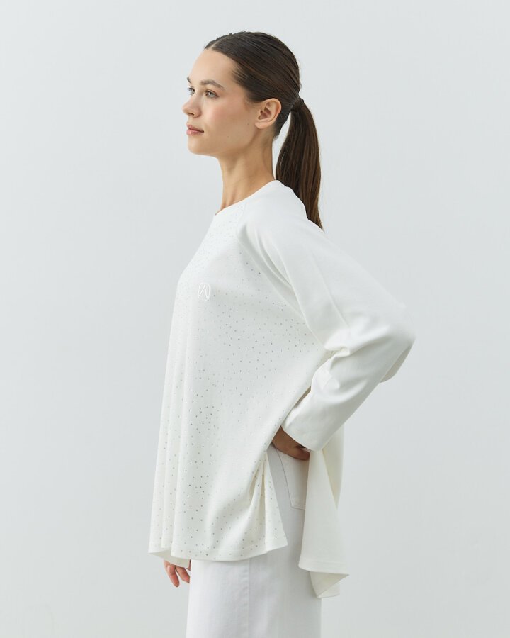 Penye İnterlok Taşlı Relax Bluz Ekru - Aybikestil