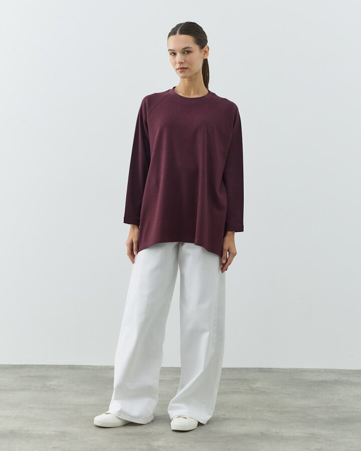 Penye İnterlok Taşlı Relax Bluz Mürdüm - Aybikestil (1)