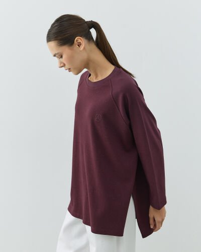 Penye İnterlok Taşlı Relax Bluz Mürdüm 