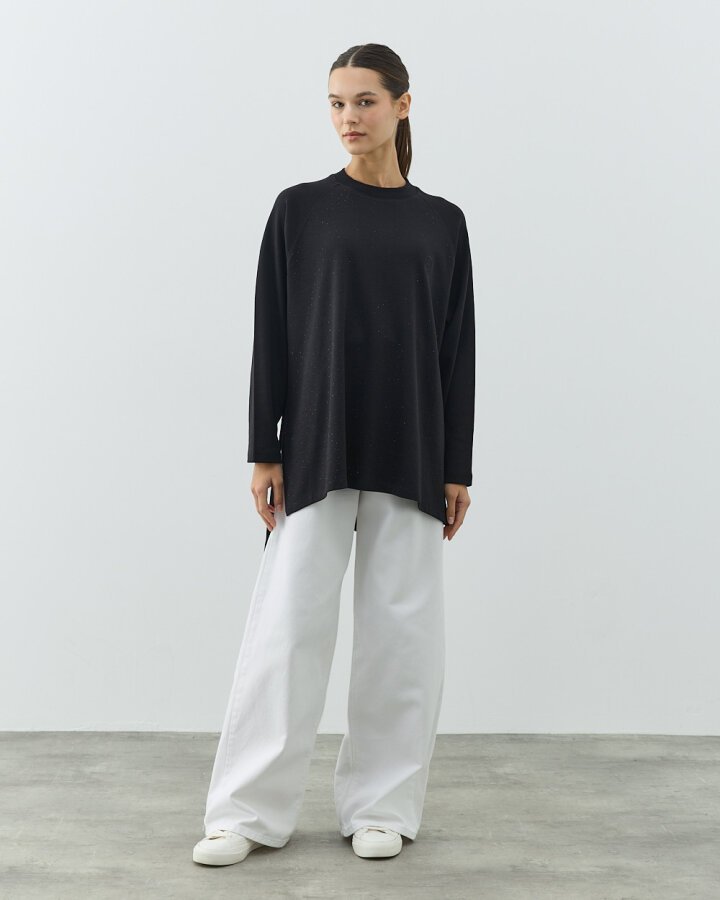 Penye İnterlok Taşlı Relax Bluz Siyah - Aybikestil (1)