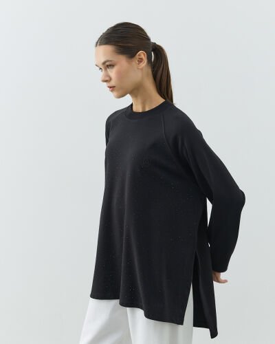 Penye İnterlok Taşlı Relax Bluz Siyah 