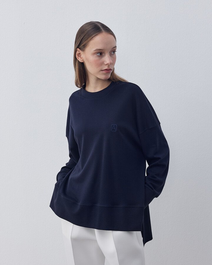 Penye İnterlok Fresh Yırtmaçlı Bluz Lacivert - Aybikestil (1)