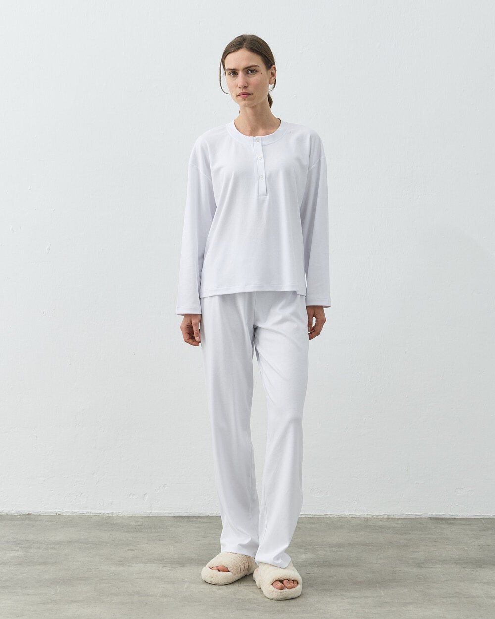 Penye Önü Patlı Pijama Takımı Beyaz - Aybikestil