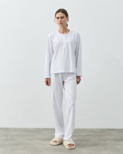 Penye Önü Patlı Pijama Takımı Beyaz 
