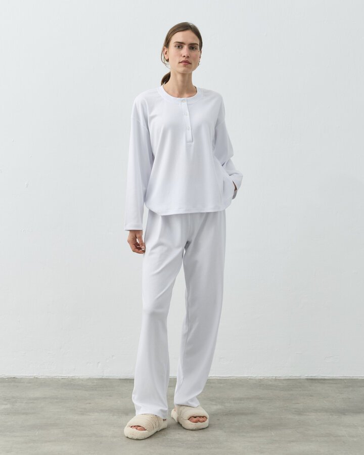 Penye Önü Patlı Pijama Takımı Beyaz - Aybikestil (1)