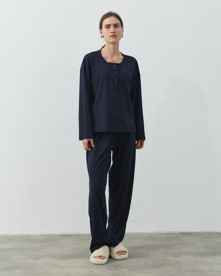 Penye Önü Patlı Pijama Takımı Lacivert