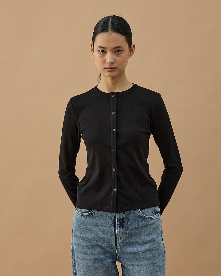 Penye Ribana Slim Fit Düğmeli Bluz Siyah