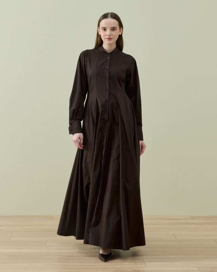 Poplin Belden Oturtmalı Düğmeli Elbise Kahve - Aybikestil (1)