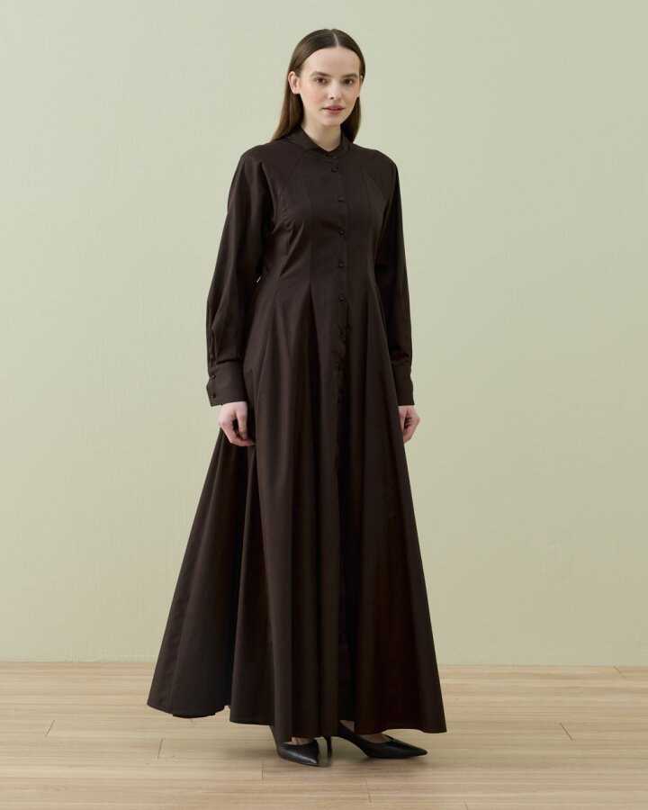 Poplin Belden Oturtmalı Düğmeli Elbise Kahve - Aybikestil