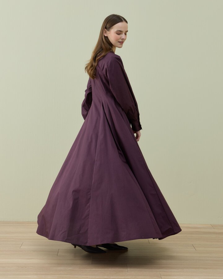 Poplin Belden Oturtmalı Düğmeli Elbise Mürdüm - Aybikestil (1)