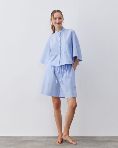 Poplin Crop Gömlekli Şort Pijama Takım Mavi 