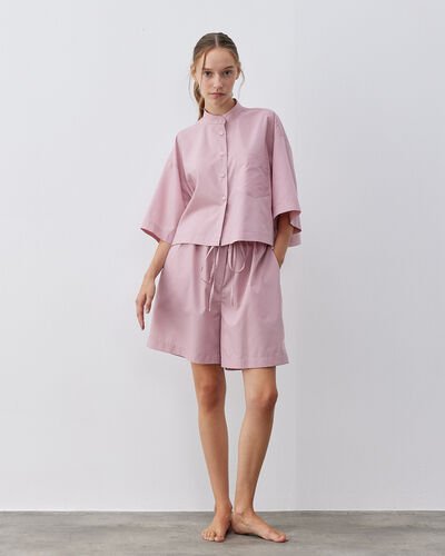 Poplin Crop Gömlekli Şort Pijama Takım Pembe 