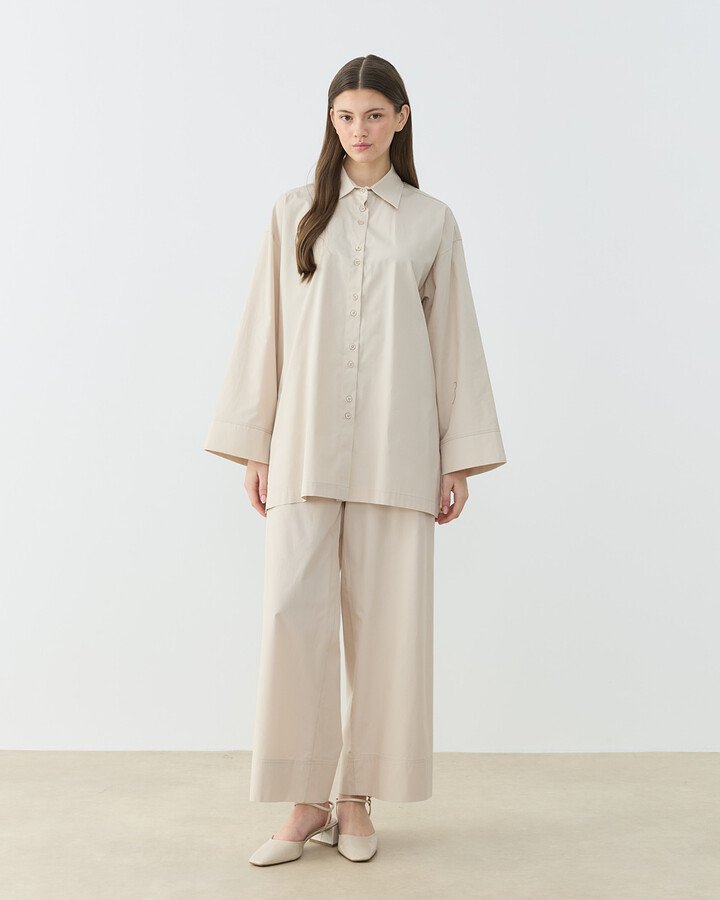 Poplin Culotte Pantolon Gömlek Takım Bej