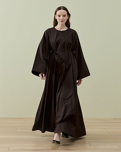 Poplin Geniş Volanlı Elbise Kahve 