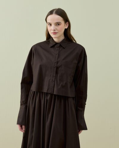 Poplin Kısa Crop Cepli Gömlek Acı Kahve 