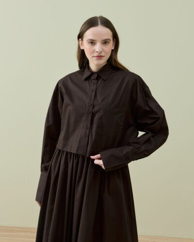 Poplin Kısa Crop Cepli Gömlek Acı Kahve 