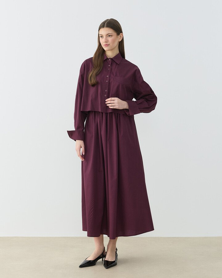 Poplin Kısa Crop Cepli Gömlek Bordo