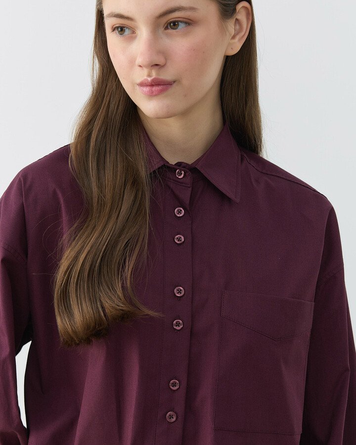 Poplin Kısa Crop Cepli Gömlek Bordo