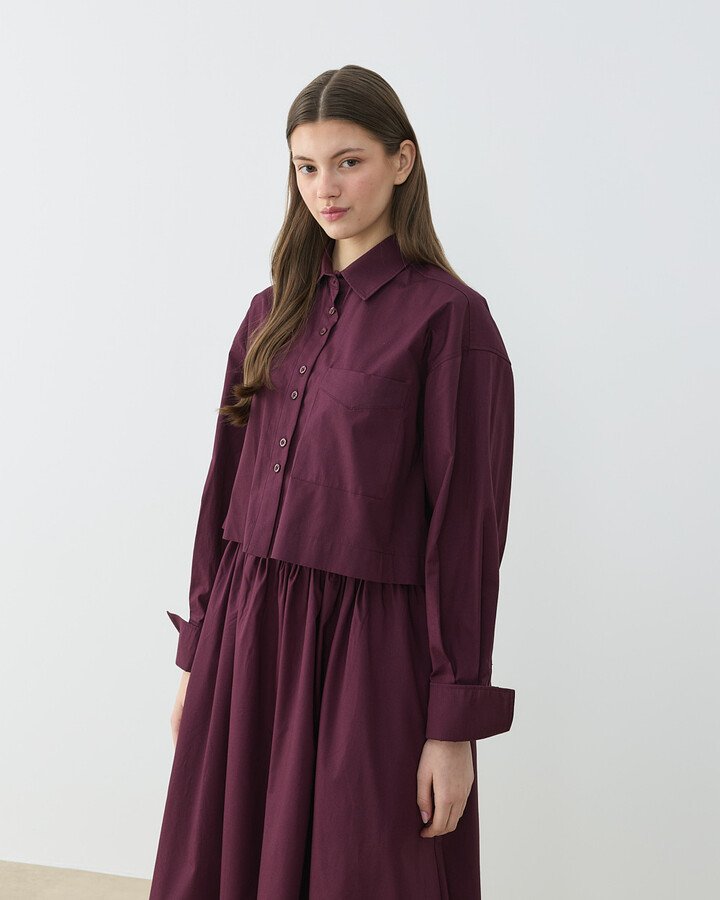 Poplin Kısa Crop Cepli Gömlek Bordo