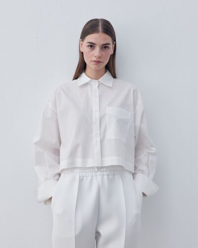 Poplin Kısa Crop Cepli Gömlek Ekru 