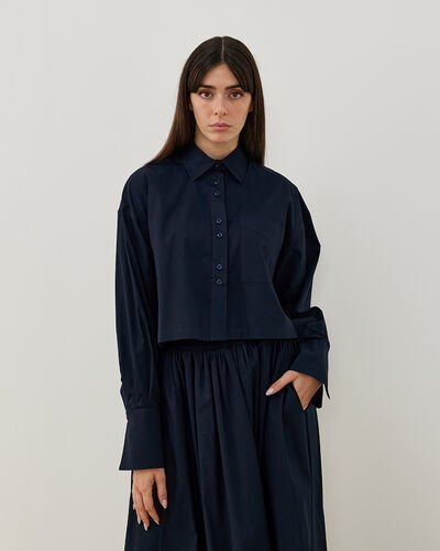 Poplin Kısa Crop Cepli Gömlek Lacivert 