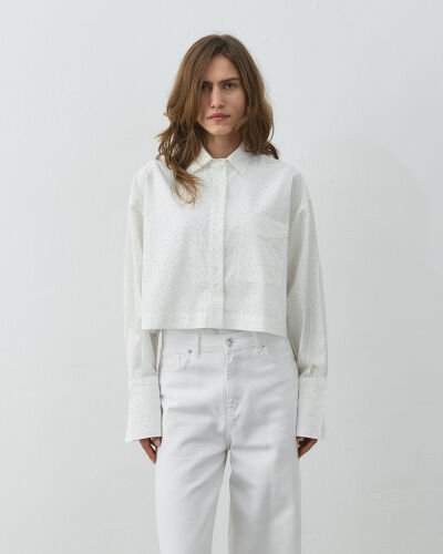 Poplin Taşlı Kısa Crop Cepli Gömlek Ekru 