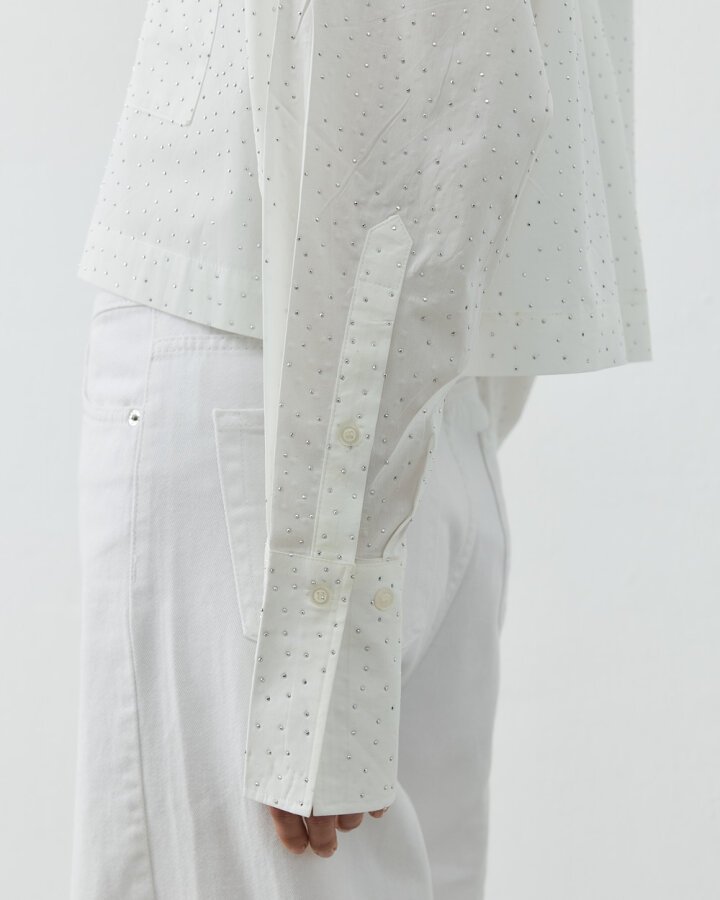 Poplin Taşlı Kısa Crop Cepli Gömlek Ekru - Aybikestil (1)