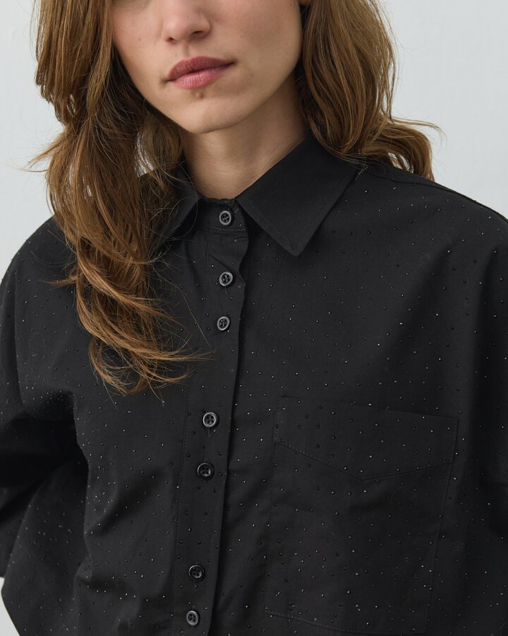 Poplin Taşlı Kısa Crop Cepli Gömlek Siyah - Aybikestil (1)