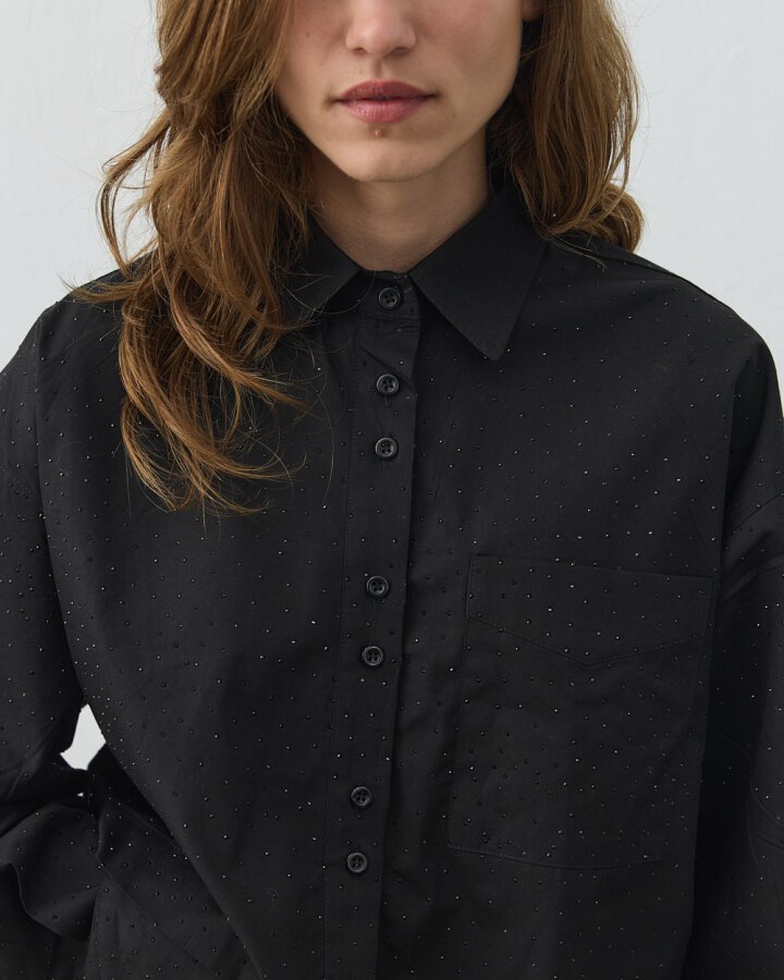 Poplin Taşlı Kısa Crop Cepli Gömlek Siyah - Aybikestil (1)