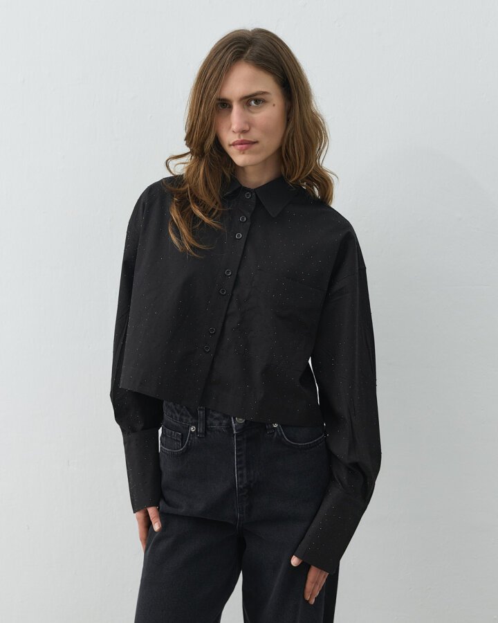 Poplin Taşlı Kısa Crop Cepli Gömlek Siyah - Aybikestil
