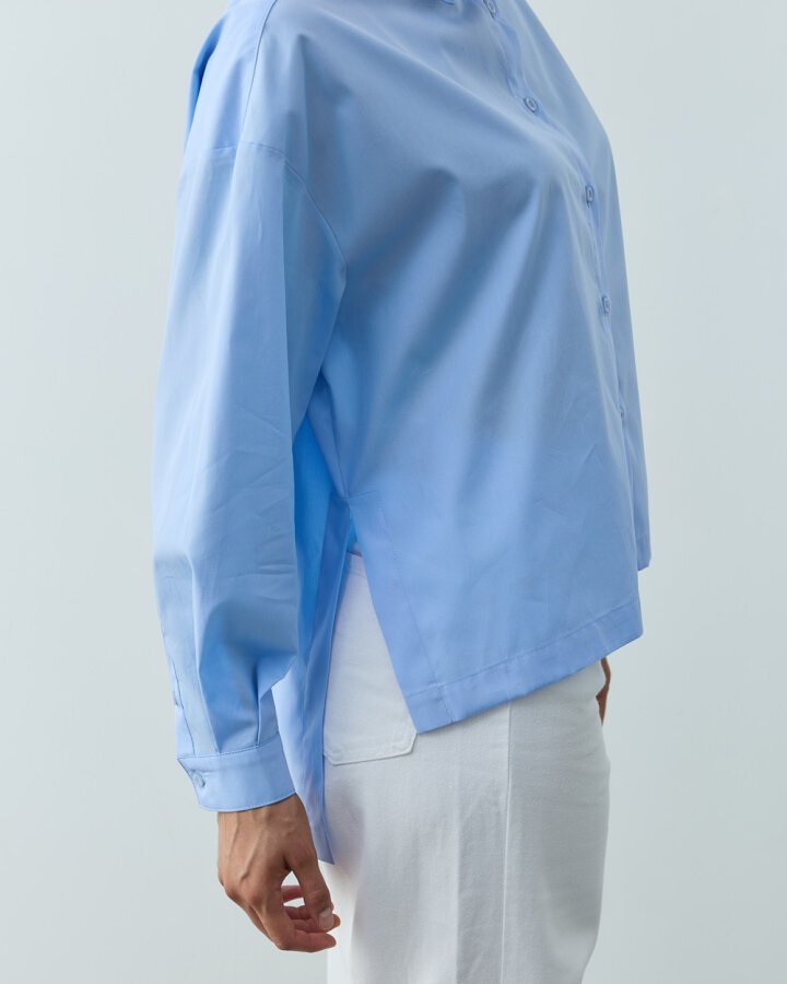 Poplin Yırtmaçlı Kısa Gömlek Mavi - Aybikestil (1)