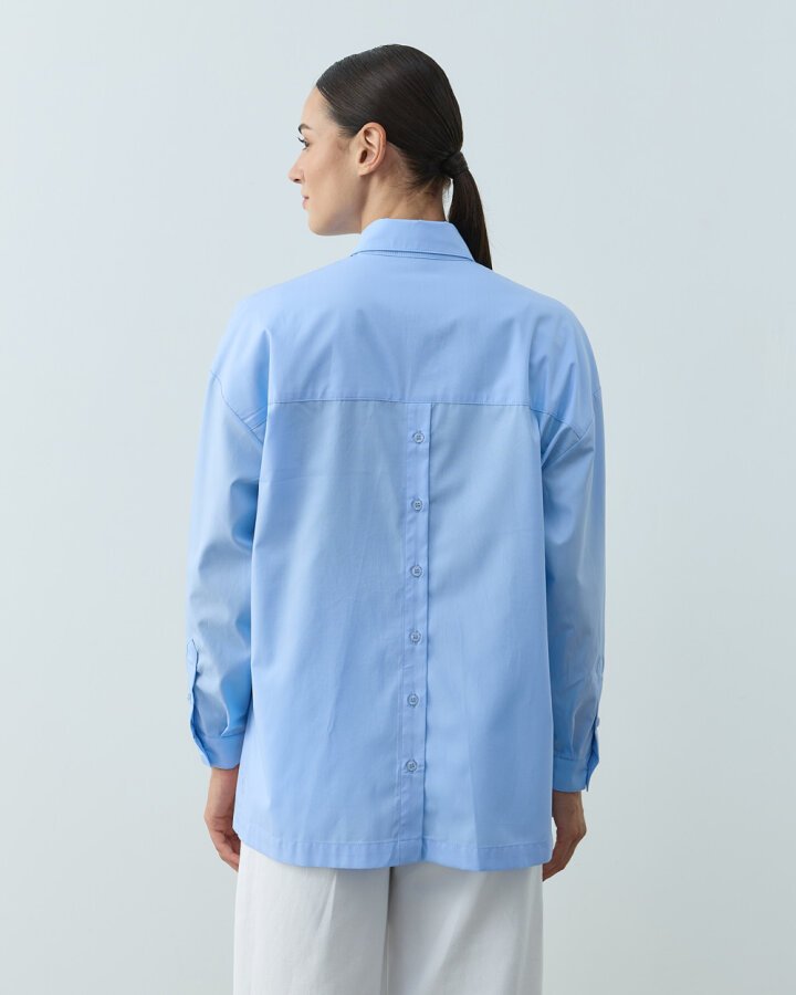 Poplin Yırtmaçlı Kısa Gömlek Mavi - Aybikestil