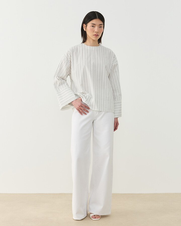 Premium Çizgili Poplin Seyyar Atkılı Kimono Bluz Siyah-Beyaz Çift Çizgili