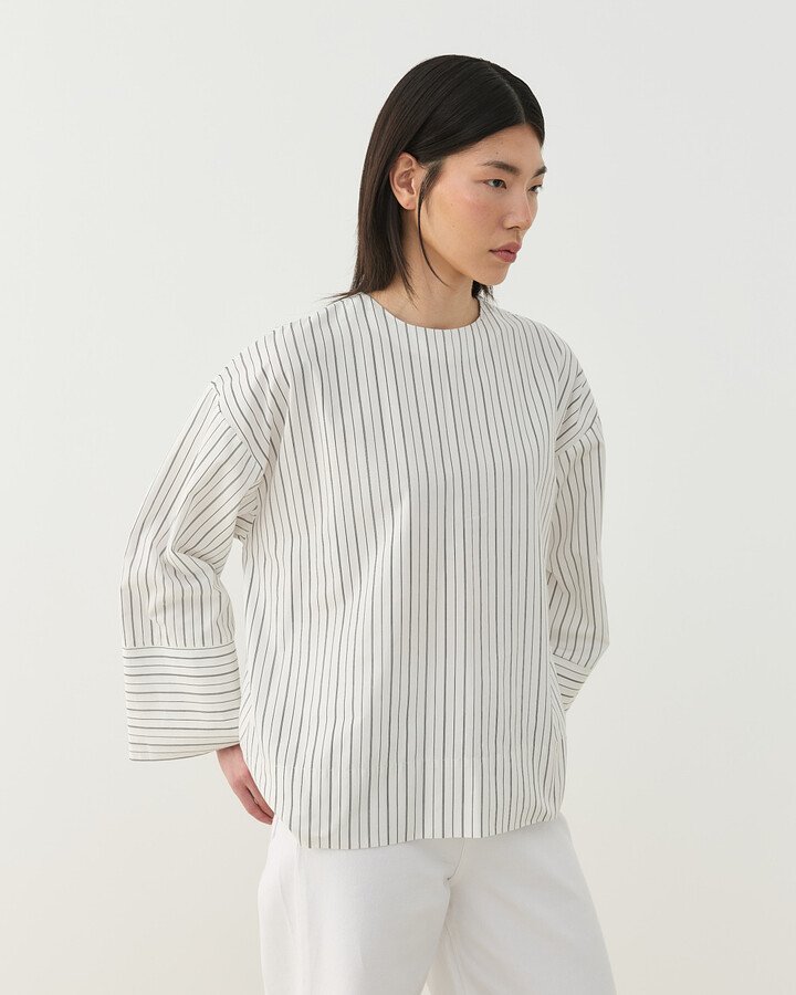Premium Çizgili Poplin Seyyar Atkılı Kimono Bluz Siyah-Beyaz Çift Çizgili
