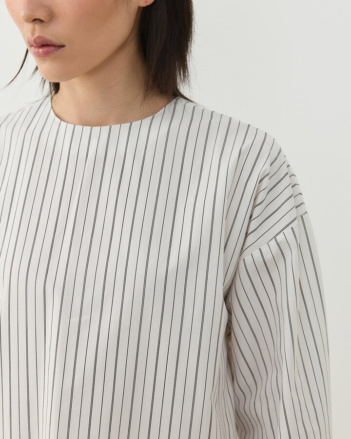 Premium Çizgili Poplin Seyyar Atkılı Kimono Bluz Siyah-Beyaz Çift Çizgili