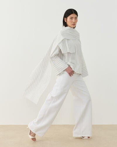 Premium Çizgili Poplin Seyyar Atkılı Kimono Bluz Siyah-Beyaz Çift Çizgili 