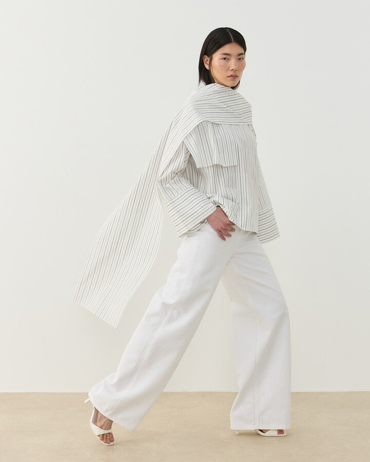 Premium Çizgili Poplin Seyyar Atkılı Kimono Bluz Siyah-Beyaz Çift Çizgili