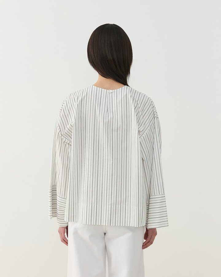 Premium Çizgili Poplin Seyyar Atkılı Kimono Bluz Siyah-Beyaz Çift Çizgili