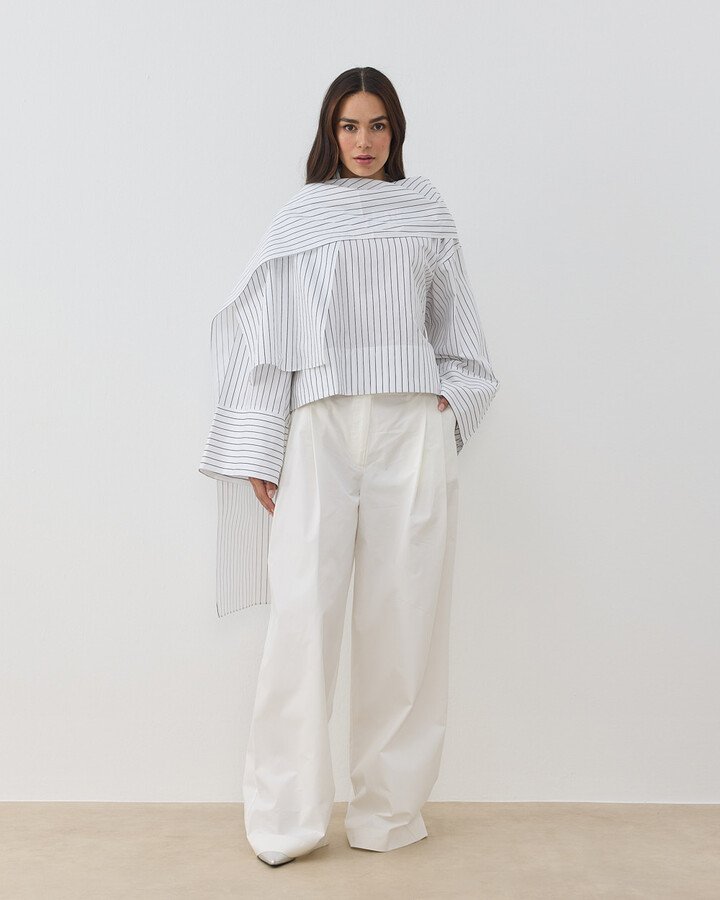 Premium Çizgili Poplin Seyyar Atkılı Kimono Bluz Siyah Çizgili