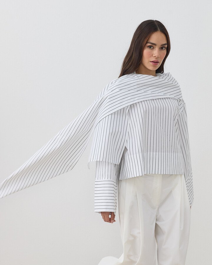 Premium Çizgili Poplin Seyyar Atkılı Kimono Bluz Siyah Çizgili