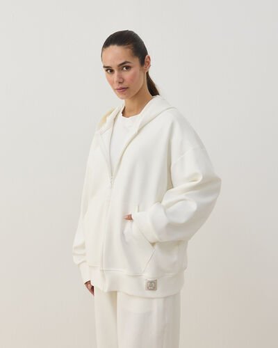 Premium Doubleface Fermuarlı Kapüşonlu Sweatshirt Ekru 